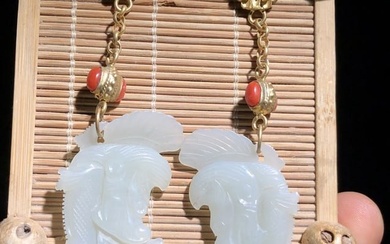 A Pair of Chinese Gilt Silver Earring Rings with Jade Decoration