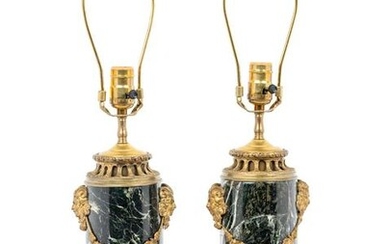 A Pair of Continental Gilt Metal Mounted Marble Lamps