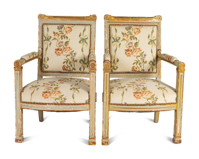 A Pair of Directoire Painted and Parcel Gilt Fauteuils