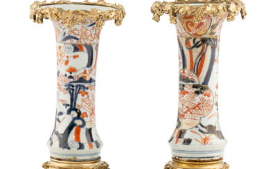 A Pair of Gilt Bronze Mounted Imari Palette Porcelain Vases