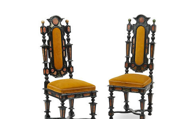 A Pair of Italian Marble Inlaid Ebonized Side Chairs