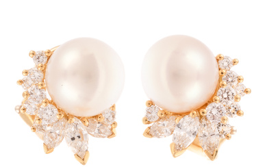 A Pair of Mikimoto Pearl & Diamond Earrings in 18K
