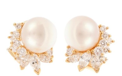 A Pair of Mikimoto Pearl & Diamond Earrings in 18K