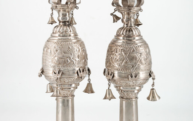 A Pair of Sterling Silver Torah Finals, Probably USA, 20th Century