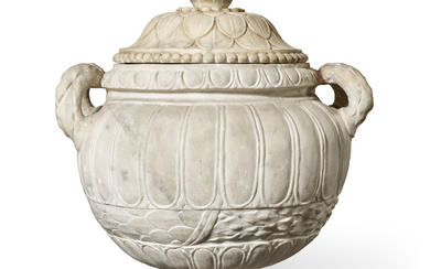 A ROMAN MARBLE CINERARY URN CIRCA 1ST CENTURY A.D., THE SOCLE AND COVER PROBABLY LATE 18TH CENTURY