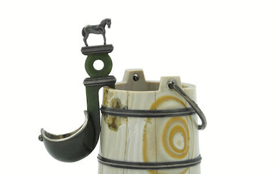 A RUSSIAN HARDSTONE AND SILVER MOUNTED MODEL OF A MILK BUCKET