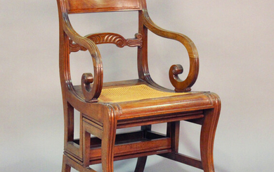 A Regency mahogany bar back metamorphic library armchair, possibly by Gillows of Lancaster, folding