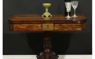 A Regency rosewood and brass marquetry card table, in the ma...