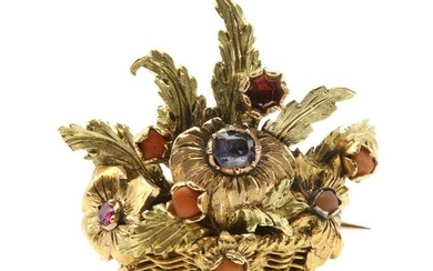 A Regency three colour gold, sapphire, garnet, ruby and coral Giardinetti brooch
