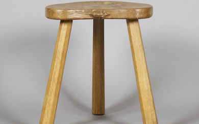 A Robert 'Mouseman' Thompson oak stool, the kidney-shaped seat with typical carved mouse s