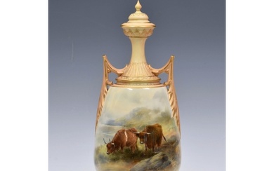 A Royal Worcester porcelain Highland Cattle painted covered ...