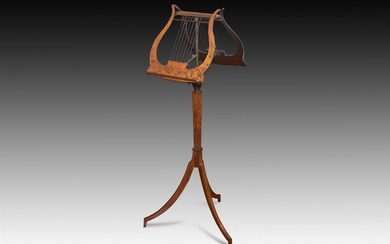 † A SATINWOOD, MAHOGANY AND MARQUETRY INLAID DUET STAND, CIRCA 1900