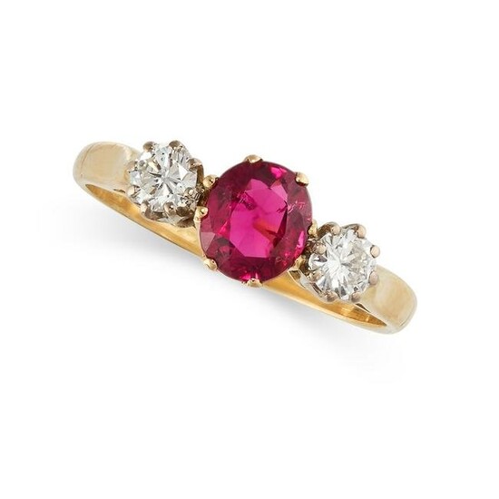 A SPINEL AND DIAMOND THREE STONE RING in 18ct yellow