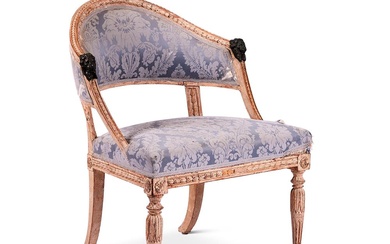A SWEDISH EMPIRE CARVED, CREAM PAINTED AND DAMASK UPHOLSTERED ARMCHAIR, EARLY 19TH CENTURY