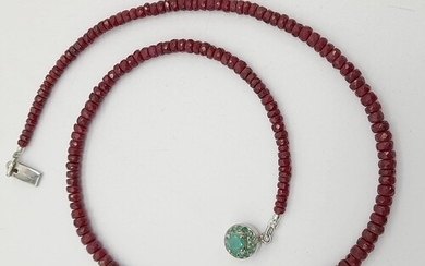 A Single Strand Faceted Ruby Gemstone Necklace with Emerald ...