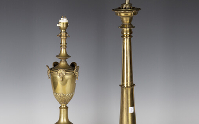 A Victorian gilt brass table lamp, formerly fitted for gas and now converted to electricity, height