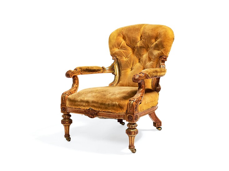 A Victorian satinwood, boxwood and parcel gilt armchair