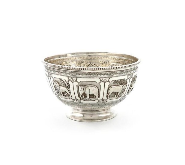 A Victorian silver christening bowl, by the Barnards, London 1873, circular form, embossed with panels of animals including an elephant, a lion and a pig, diameter 11.5cm, approx. weight 5.2oz.