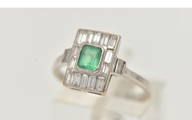 A WHITE METAL EMERALD AND DIAMOND RING, Art Deco style, the ...