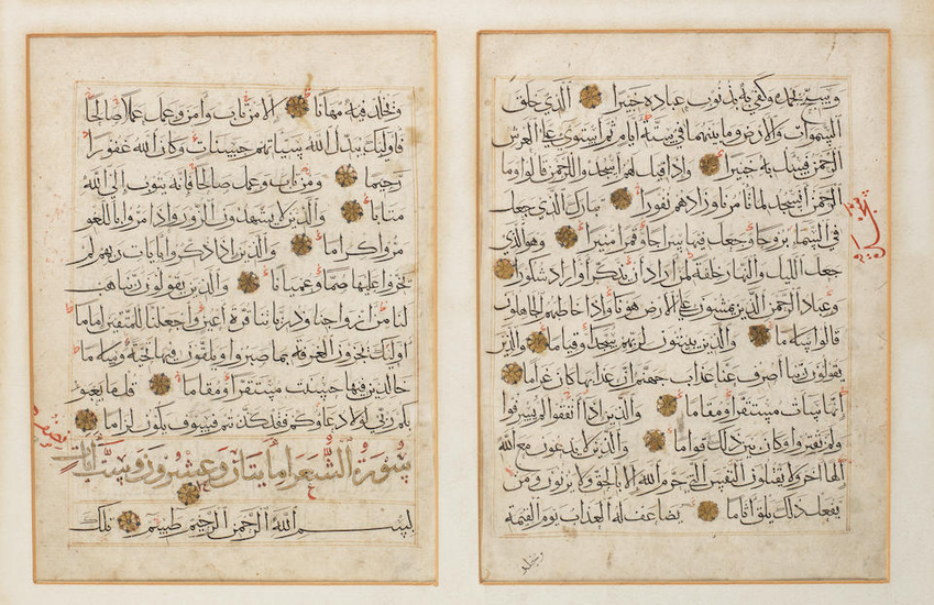 A bifolium from a dispersed manuscript of the Qur'an Mamluk,...