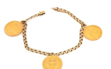 SOLD. A bracelet set with three coins, mounted in 14k gold. Weight app. 26.5 g. Coin diam. app. 21 mm. L. app. 20 cm. – Bruun Rasmussen Auctioneers of Fine Art