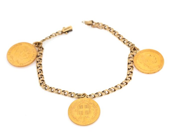 SOLD. A bracelet set with three coins, mounted in 14k gold. Weight app. 26.5 g. Coin diam. app. 21 mm. L. app. 20 cm. – Bruun Rasmussen Auctioneers of Fine Art