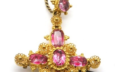 A cased Regency foiled pink topaz cannetille cross pendant/brooch