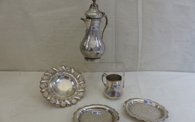 A coffee pot, a milk jug and 3 saucers in ottoman silver or other. Period: 19th and 20th century. Total weight: 770 grs.