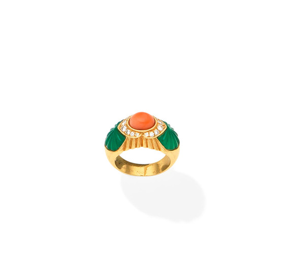 A coral, chrysoprase and diamond ring
