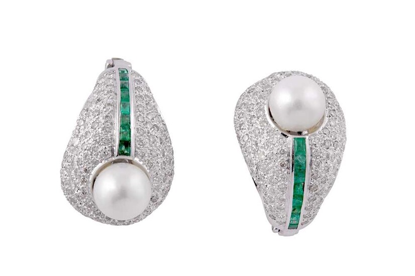A cultured pearl, diamond and emerald pair of earrings