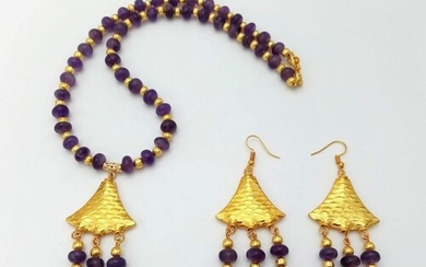 A fabulous amethyst and 18K yellow gold gilded necklace and ...