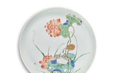 A famille-verte 'egret' dish, Qing dynasty, Kangxi period | 清康熙 五彩路路連科圖盤