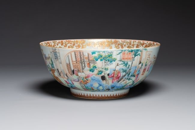 A fine large Chinese Canton famille rose bowl with boys and ladies in an elaborate garden scene