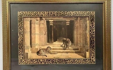 A finely done decorative print of leopards in a finely gilt frame. Riviere, Briton. Temple Leopards.