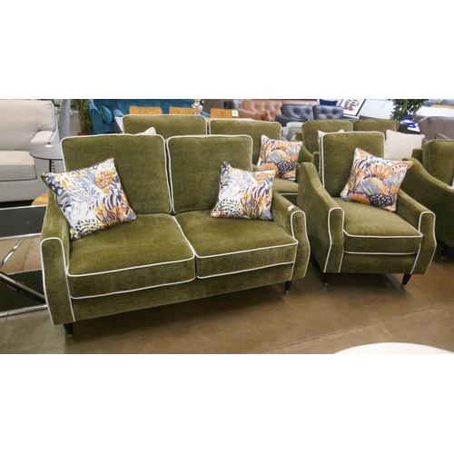 A forest green velvet pair of two seater sofas and armchair ...