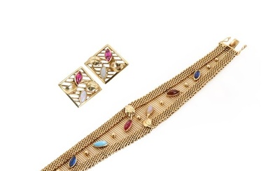 A gold gemstone set mesh bracelet and earring suite