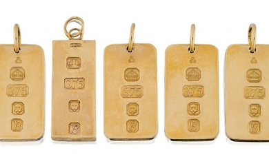 A group of five 9ct gold ingot bar pendants, each pierced with ring suspension, London hallmarks, 1976, gross weight, 143.6g