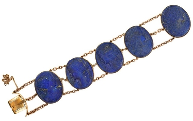 A lapis lazuli and gold bracelet, composed of a series of five oval lapis lazuli cameos, each carved to depict the dextral and sinistral profiles of a Classical maiden, mounted in gold collets with curb link connecting chains, length, 18cm, c.1860