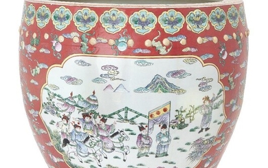 A large Chinese famille rose fish bowl, early 20th century, enamelled with panels depicting 'bai ren tu' (a hundred enduring) and 'jia guan jin jue' (a ceremony performed in recognition of the promotion of an official to a higher rank, by...