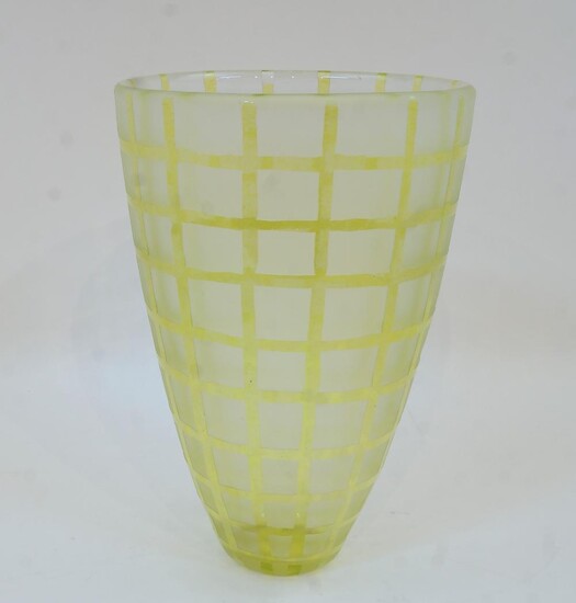 A large contemporary studio glass vase, in yellow glass with all over acid etched geometric design, initialled 'EM' near base, 30.5cm high