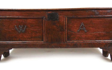 A late 17th/early 18th century elm six plank coffer/sword box,...