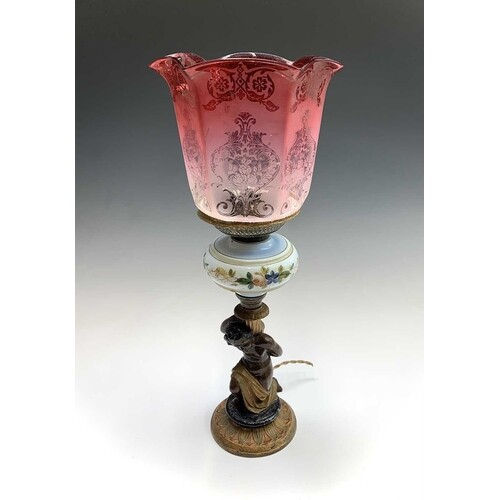 A late 19th century painted spelter and glass figural oil la...