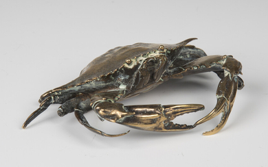 A late 19th century polished cast bronze model of a crab, possibly Japanese, width 15cm (some faults