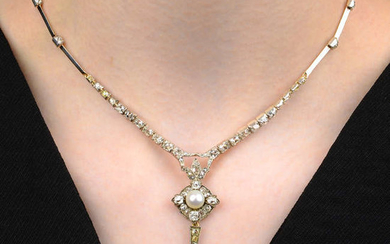 A late Victorian silver and gold, natural pearl and old-cut diamond necklace.