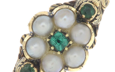 A mid 19th century gold split pearl and vari-cut emerald ring.