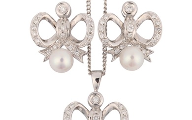 A modern whole pearl and diamond ribbon bow matching pendant...