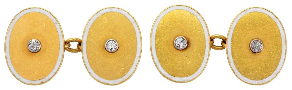 A pair of 18ct gold, diamond and enamel cufflinks, each oval panel with old-brilliant-cut diamond centre and white enamel border, chain link connections, approximate gross weight 16g, c.1900