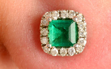 A pair of 18ct gold emerald and brilliant-cut diamond cluster stud earrings.