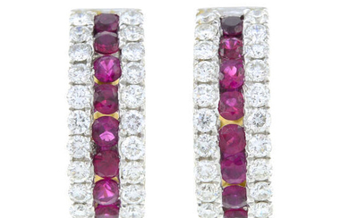 A pair of 18ct gold ruby and brilliant-cut diamond hoop earrings.