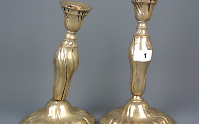 A pair of .830 silver candlesticks, H. 25cm, (one A/F).